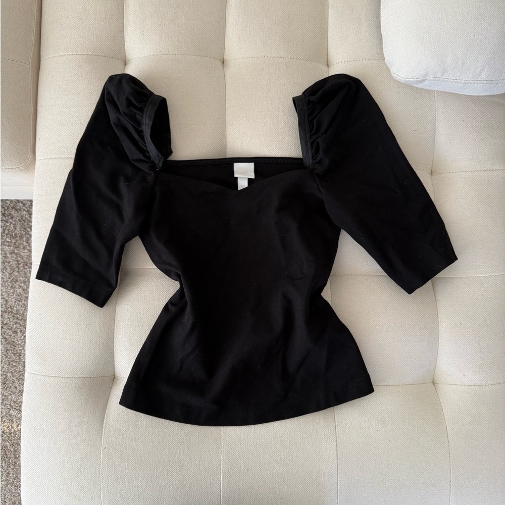 H&M Black Puff Sleeve Fitted Blouse